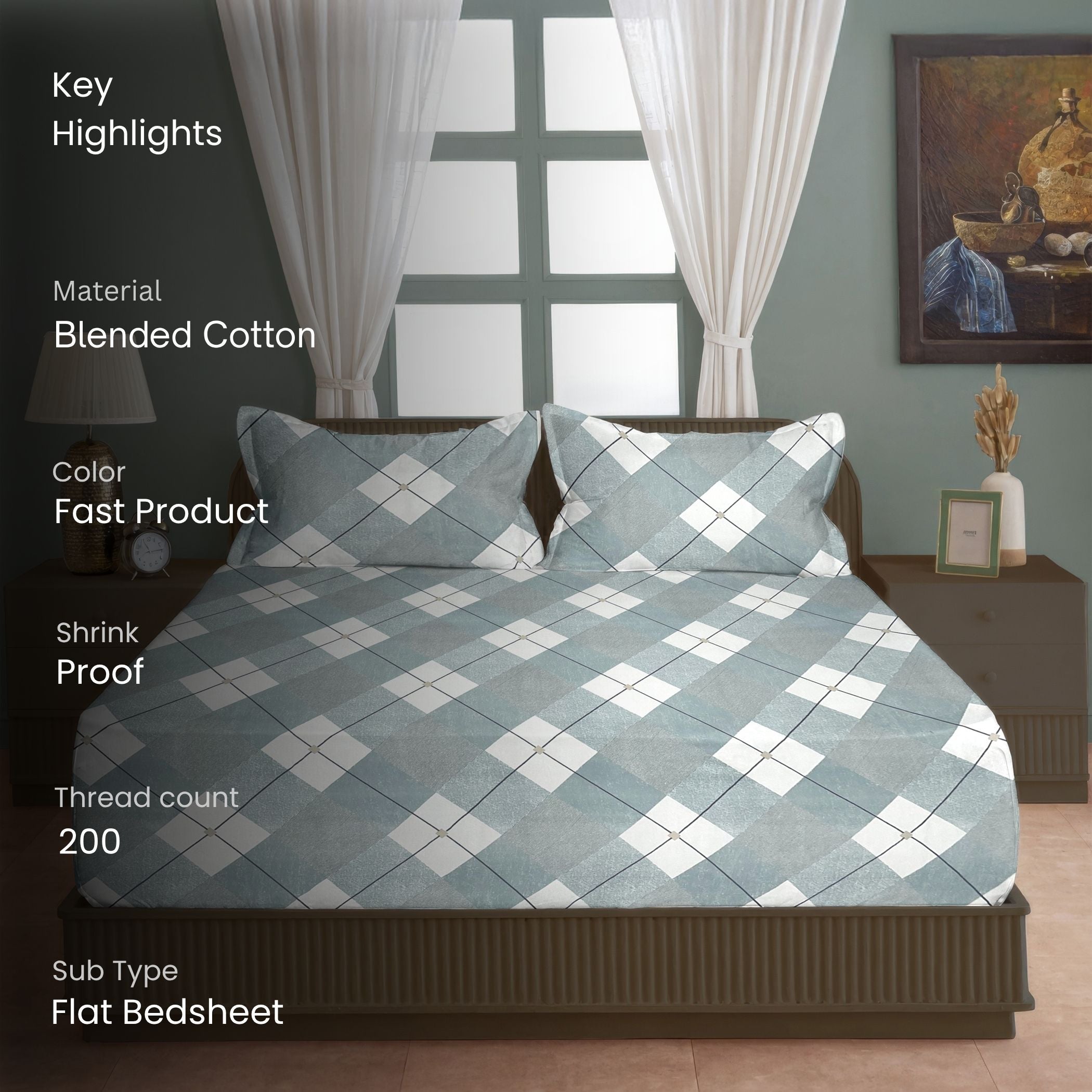 Sage Argyle 200 TC Blended Cotton Bedsheet Set with Pillow Cover