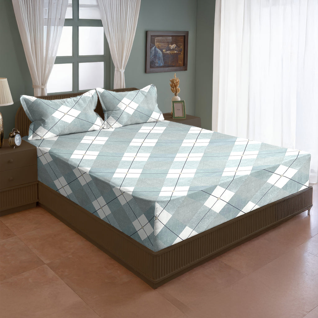 Sage Argyle 200 TC Blended Cotton Bedsheet Set with Pillow Cover