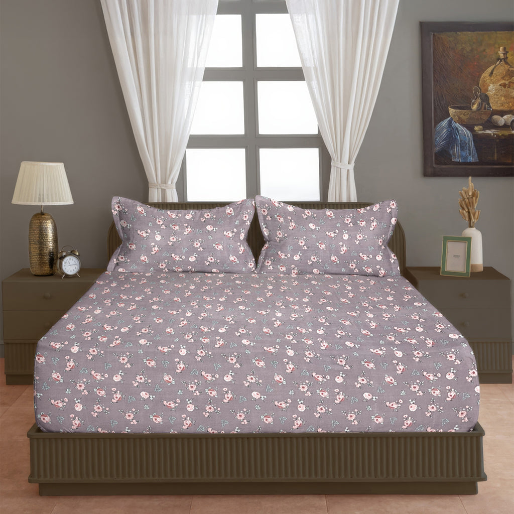 Petite Rose Mauve 200 TC Blended Cotton Bedsheet Set with Pillow Cover