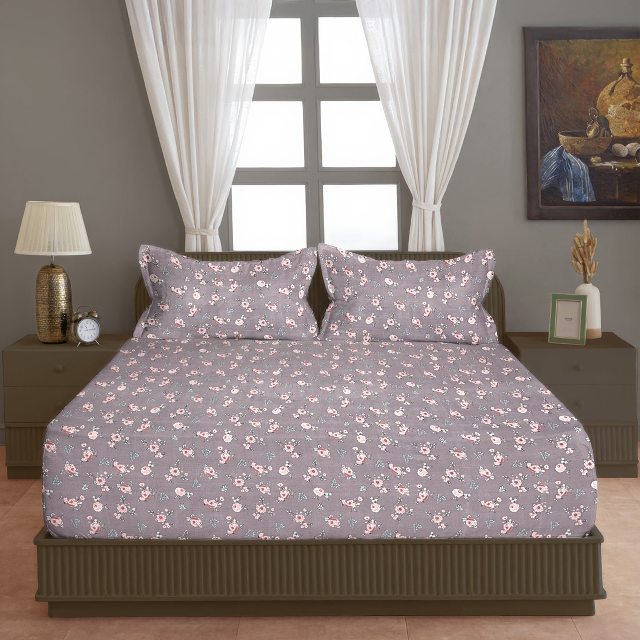 Petite Rose Mauve 200 TC Blended Cotton Bedsheet Set with Pillow Cover