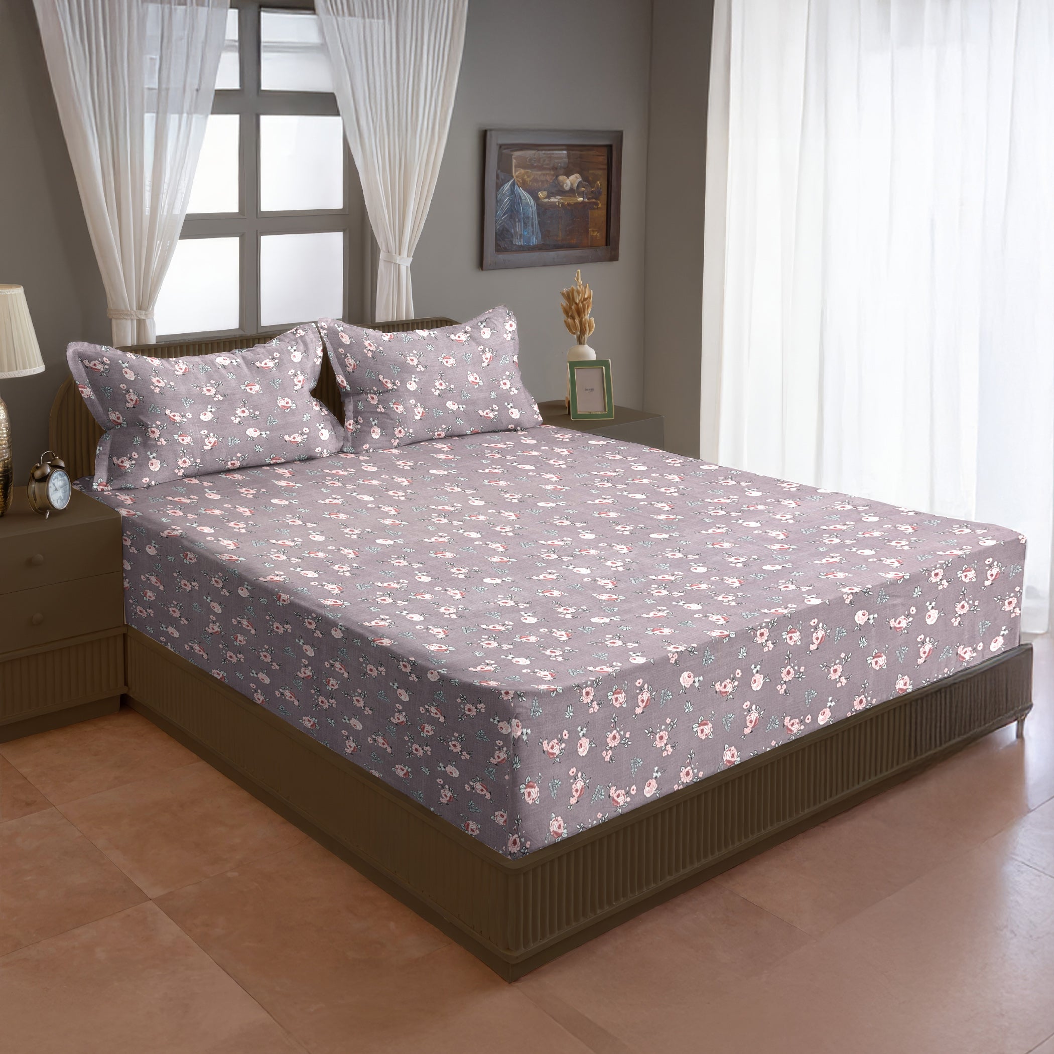 Petite Rose Mauve 200 TC Blended Cotton Bedsheet Set with Pillow Cover