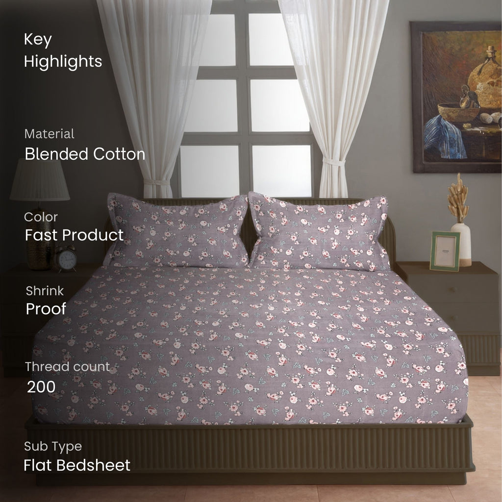 Petite Rose Mauve 200 TC Blended Cotton Bedsheet Set with Pillow Cover