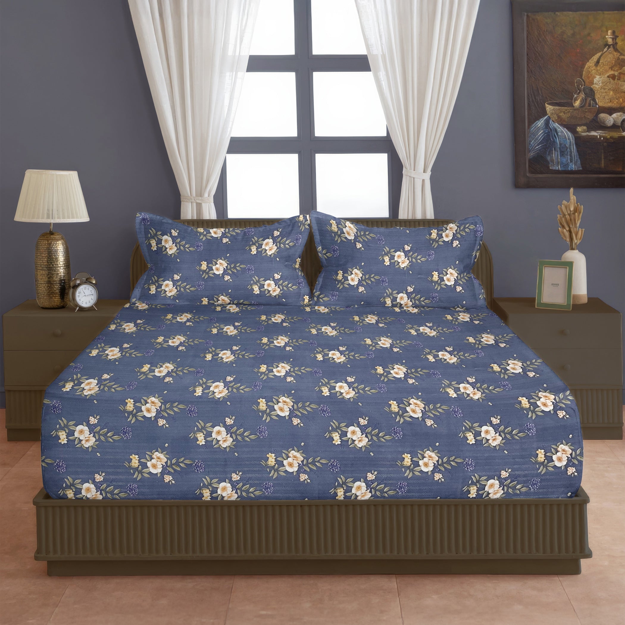 Moonlit Blossom Blue 200 TC Blended Cotton Bedsheet Set with Pillow Cover