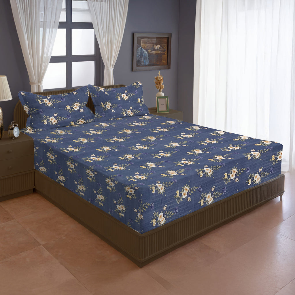 Moonlit Blossom Blue 200 TC Blended Cotton Bedsheet Set with Pillow Cover