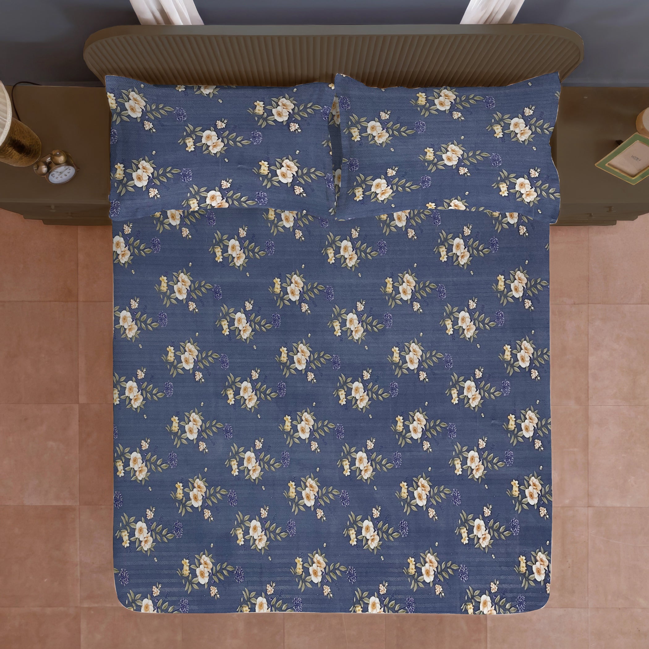 Moonlit Blossom Blue 200 TC Blended Cotton Bedsheet Set with Pillow Cover