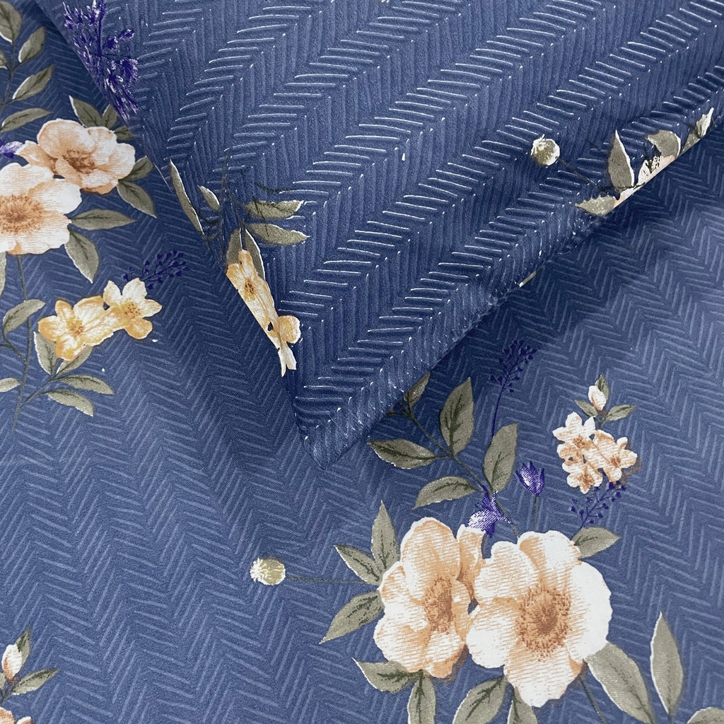 Moonlit Blossom Blue 200 TC Blended Cotton Bedsheet Set with Pillow Cover
