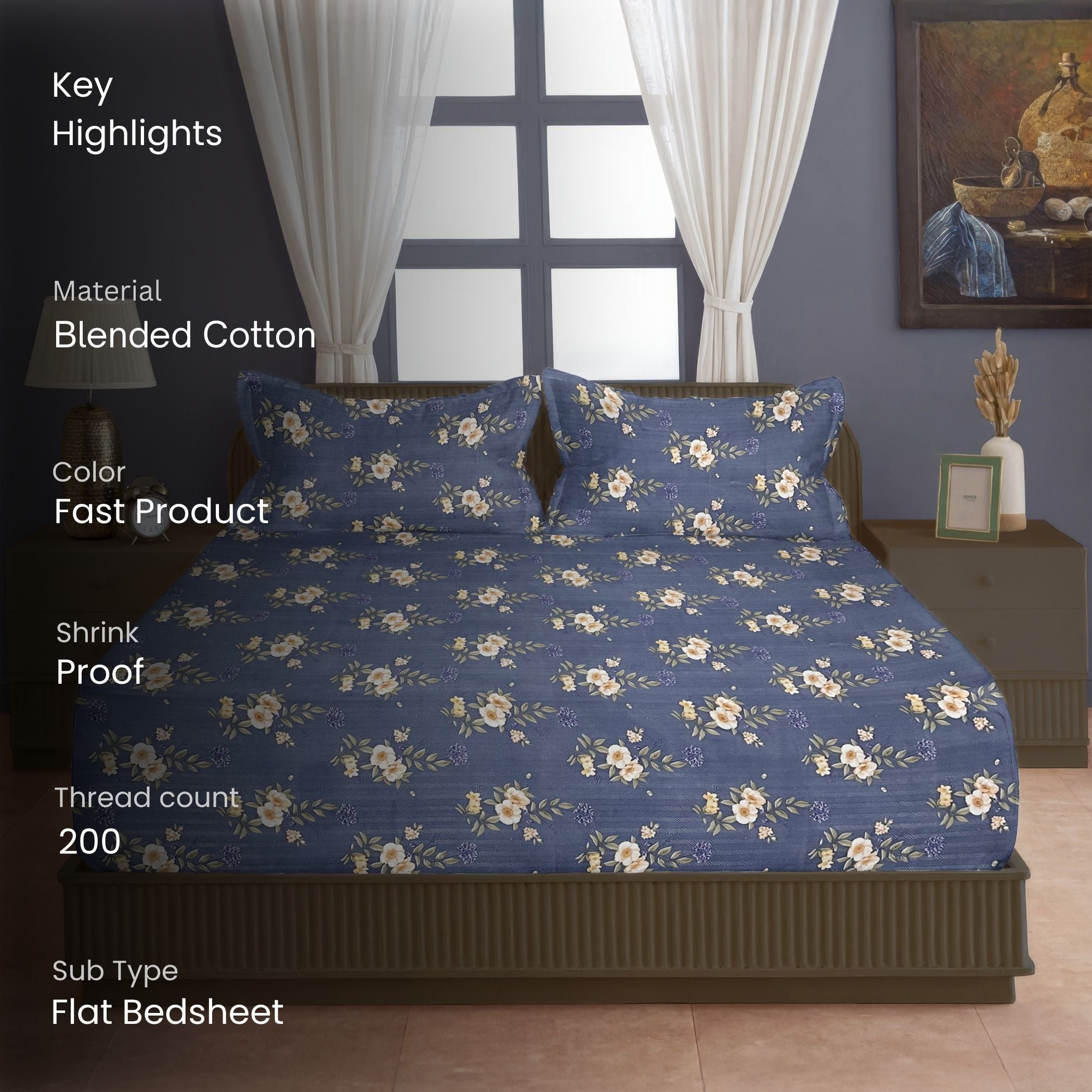 Moonlit Blossom Blue 200 TC Blended Cotton Bedsheet Set with Pillow Cover