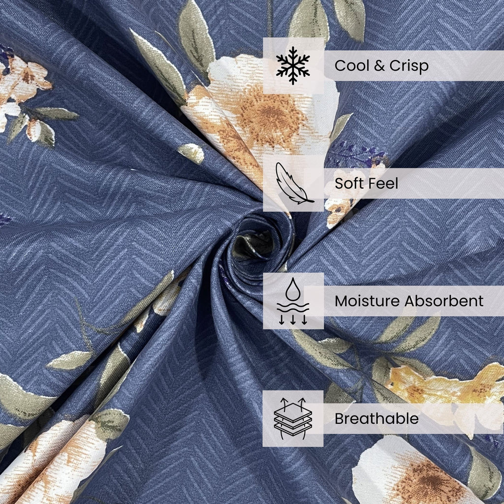 Moonlit Blossom Blue 200 TC Blended Cotton Bedsheet Set with Pillow Cover