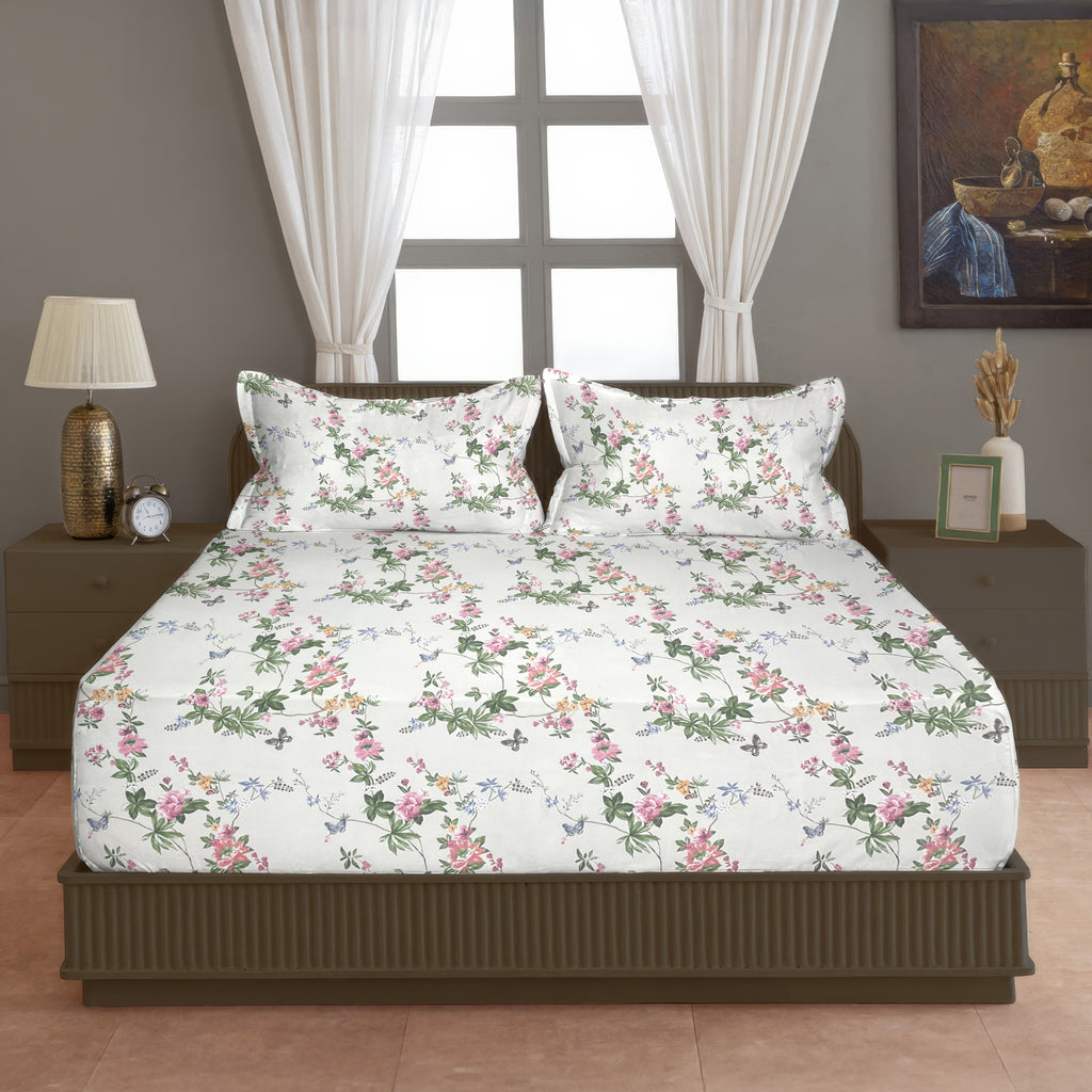 Rose Trellis White 200 TC Blended Cotton Bedsheet Set with Pillow Cover