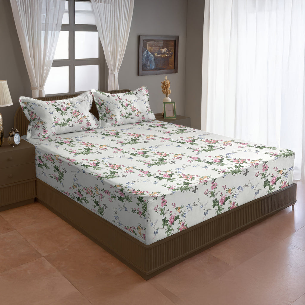 Rose Trellis White 200 TC Blended Cotton Bedsheet Set with Pillow Cover