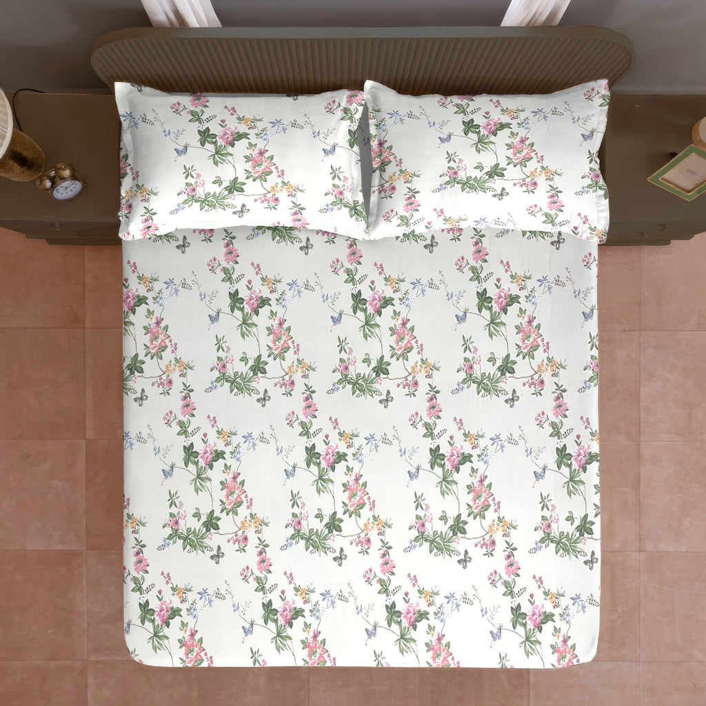 Rose Trellis White 200 TC Blended Cotton Bedsheet Set with Pillow Cover