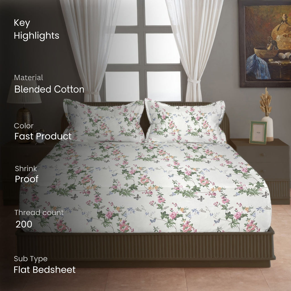 Rose Trellis White 200 TC Blended Cotton Bedsheet Set with Pillow Cover