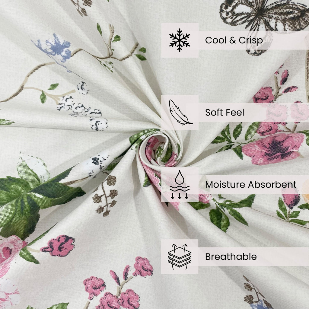 Rose Trellis White 200 TC Blended Cotton Bedsheet Set with Pillow Cover