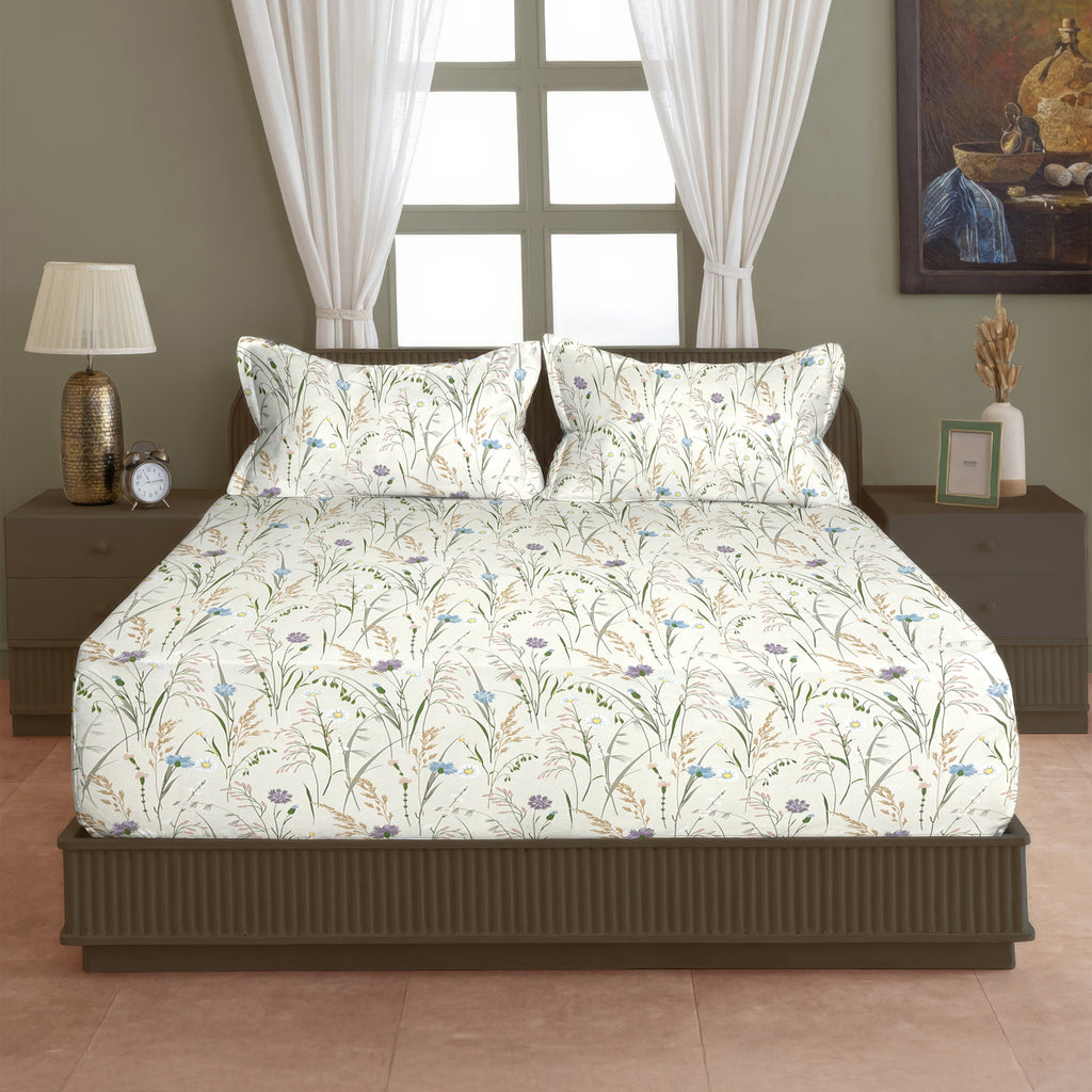 Meadow Whisper Ivory 200 TC Blended Cotton Bedsheet Set with Pillow Cover