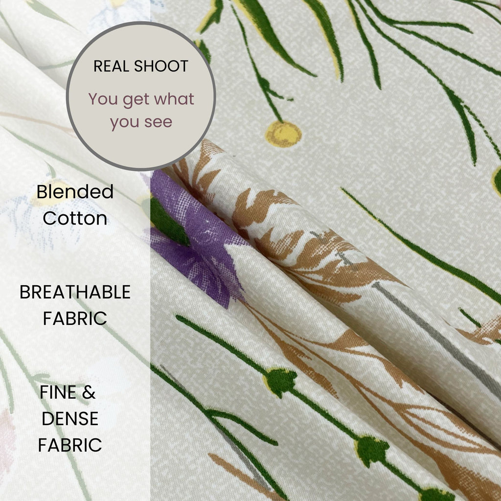 Meadow Whisper Ivory 200 TC Blended Cotton Bedsheet Set with Pillow Cover