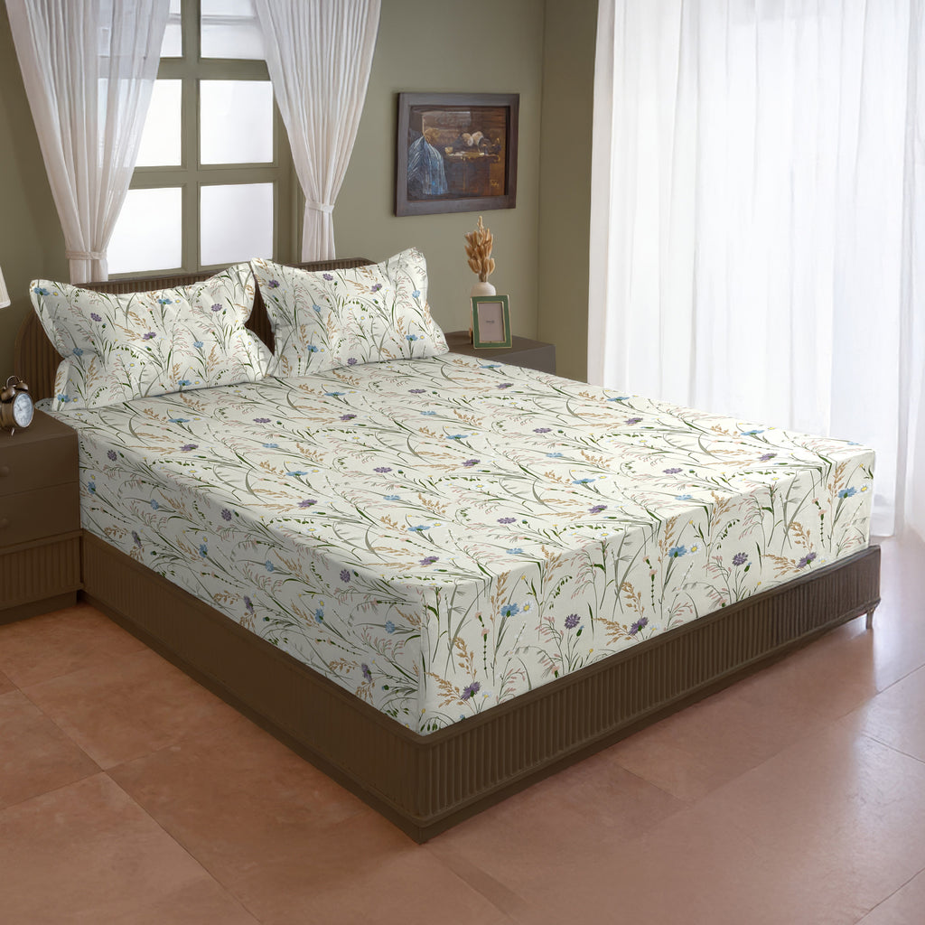 Meadow Whisper Ivory 200 TC Blended Cotton Bedsheet Set with Pillow Cover