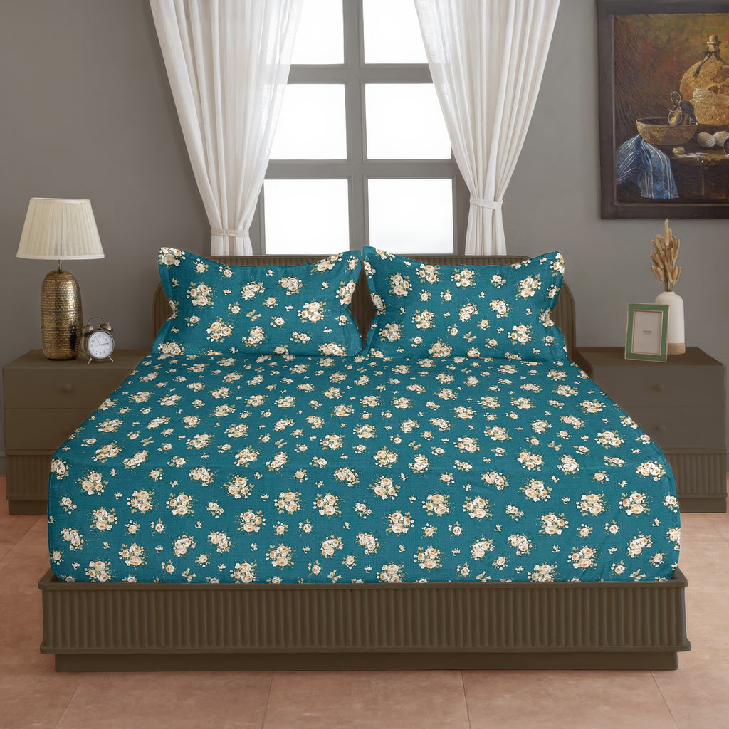 Teal Rose Garden 200 TC Blended Cotton Bedsheet Set with Pillow Cover