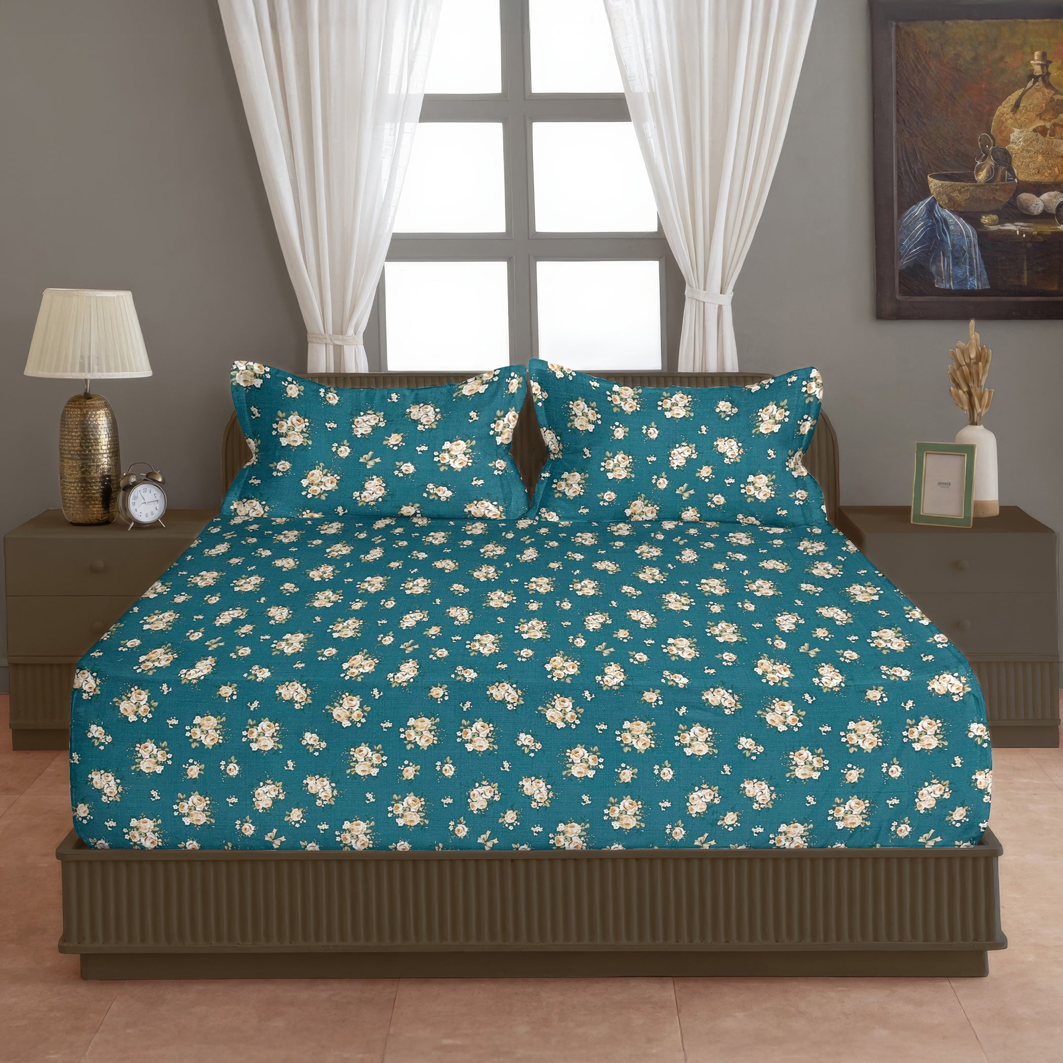 Teal Rose Garden 200 TC Blended Cotton Bedsheet Set with Pillow Cover