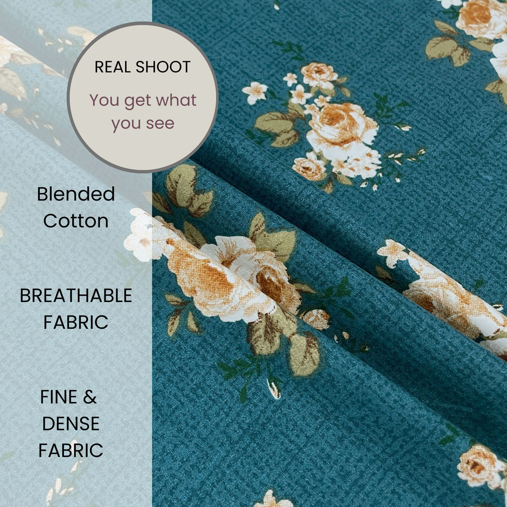 Teal Rose Garden 200 TC Blended Cotton Bedsheet Set with Pillow Cover