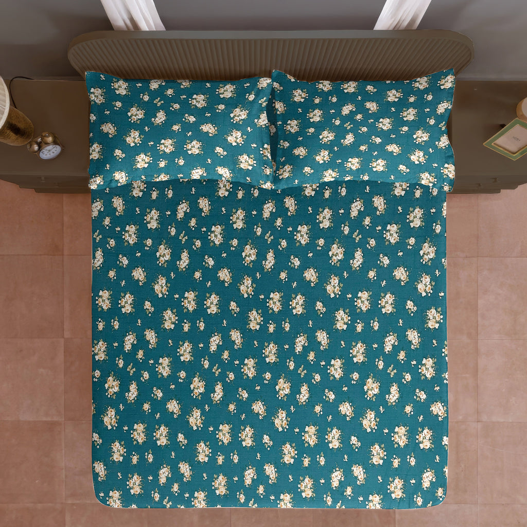 Teal Rose Garden 200 TC Blended Cotton Bedsheet Set with Pillow Cover