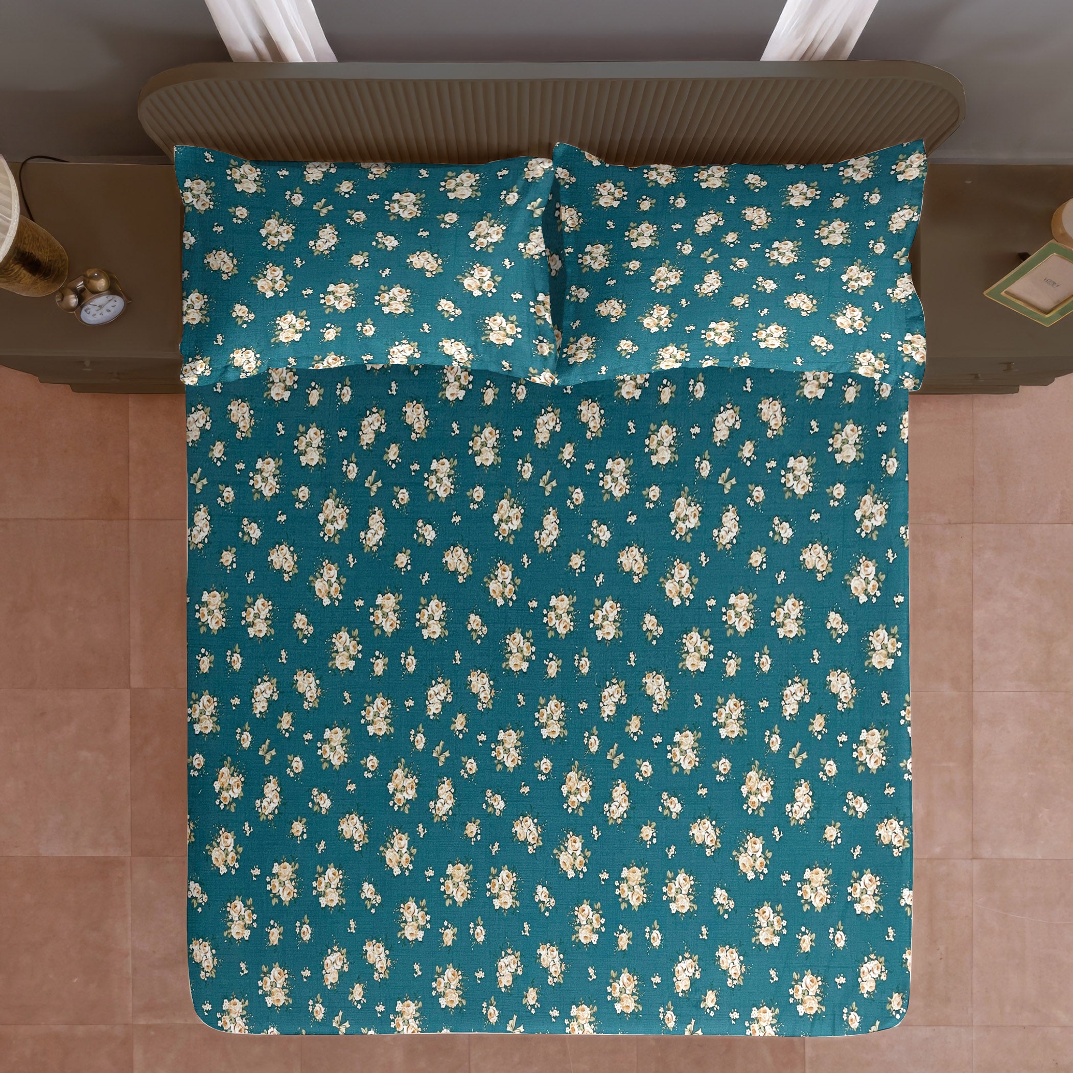 Teal Rose Garden 200 TC Blended Cotton Bedsheet Set with Pillow Cover