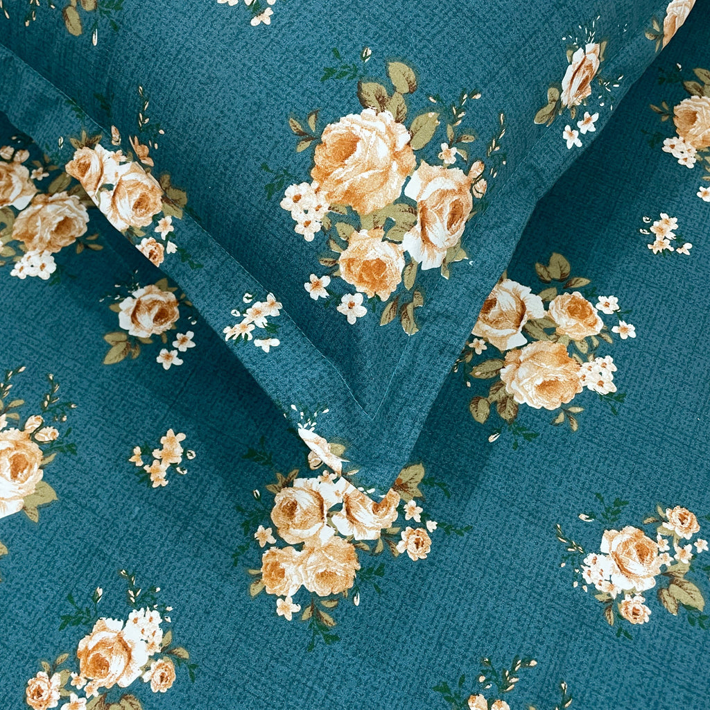 Teal Rose Garden 200 TC Blended Cotton Bedsheet Set with Pillow Cover