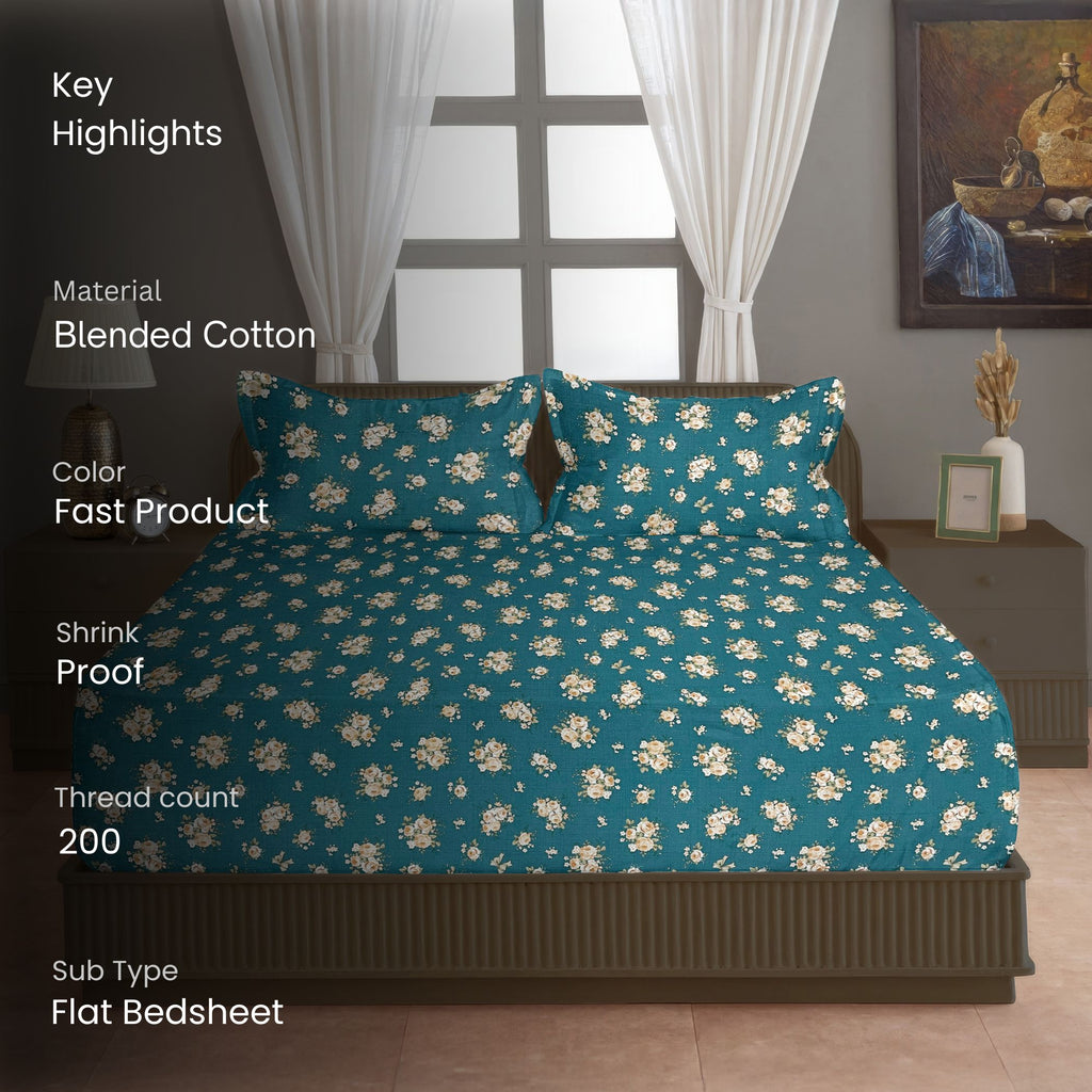 Teal Rose Garden 200 TC Blended Cotton Bedsheet Set with Pillow Cover
