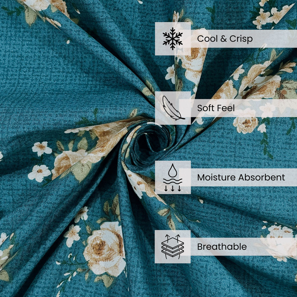 Teal Rose Garden 200 TC Blended Cotton Bedsheet Set with Pillow Cover