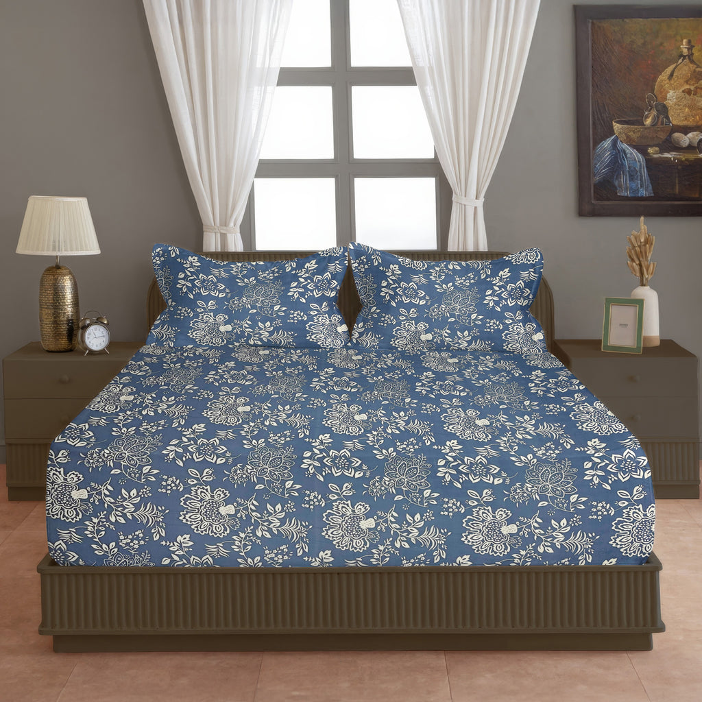 Indigo Bloom Blue 200 TC Blended Cotton Bedsheet Set with Pillow Cover