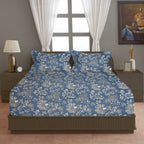 Indigo Bloom Blue 200 TC Blended Cotton Bedsheet Set with Pillow Cover