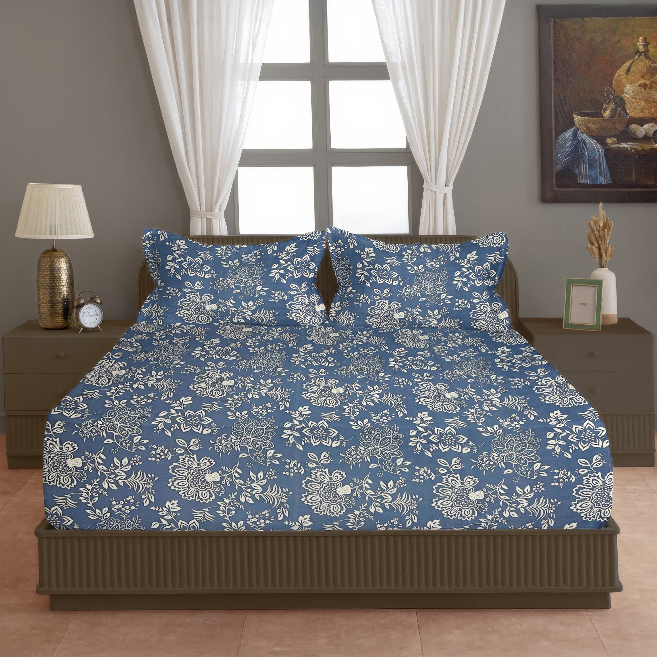 Indigo Bloom Blue 200 TC Blended Cotton Bedsheet Set with Pillow Cover