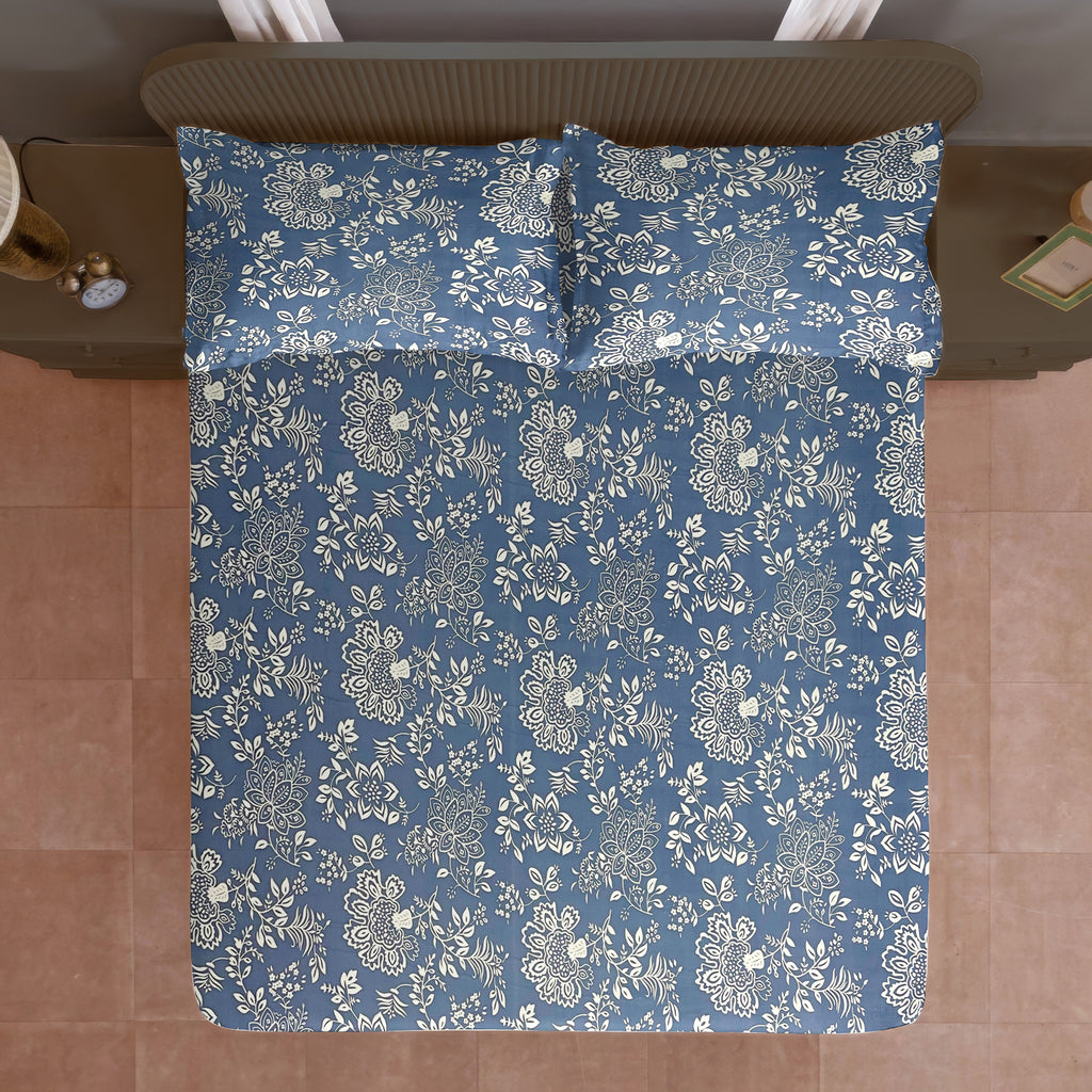 Indigo Bloom Blue 200 TC Blended Cotton Bedsheet Set with Pillow Cover