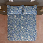 Indigo Bloom Blue 200 TC Blended Cotton Bedsheet Set with Pillow Cover