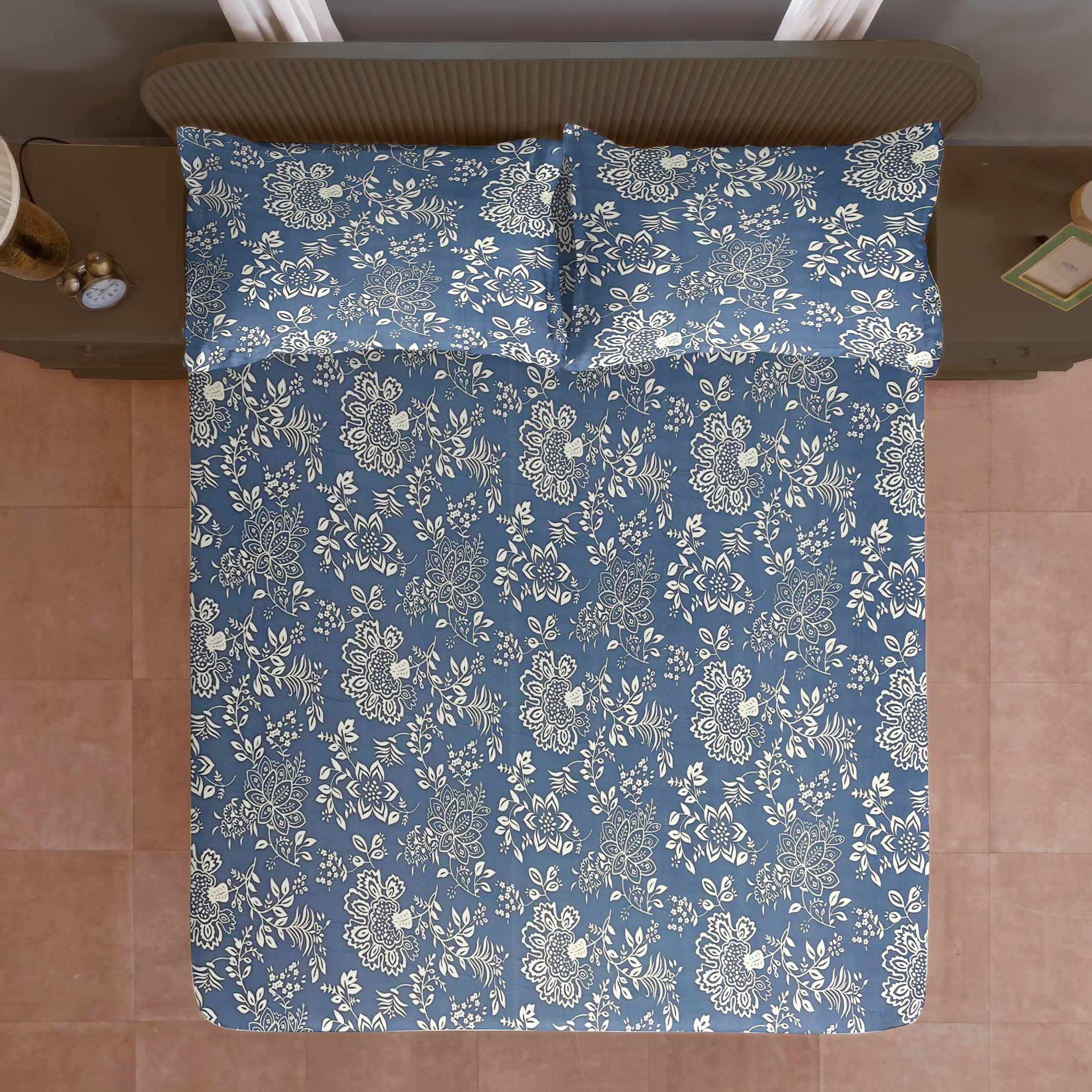 Indigo Bloom Blue 200 TC Blended Cotton Bedsheet Set with Pillow Cover