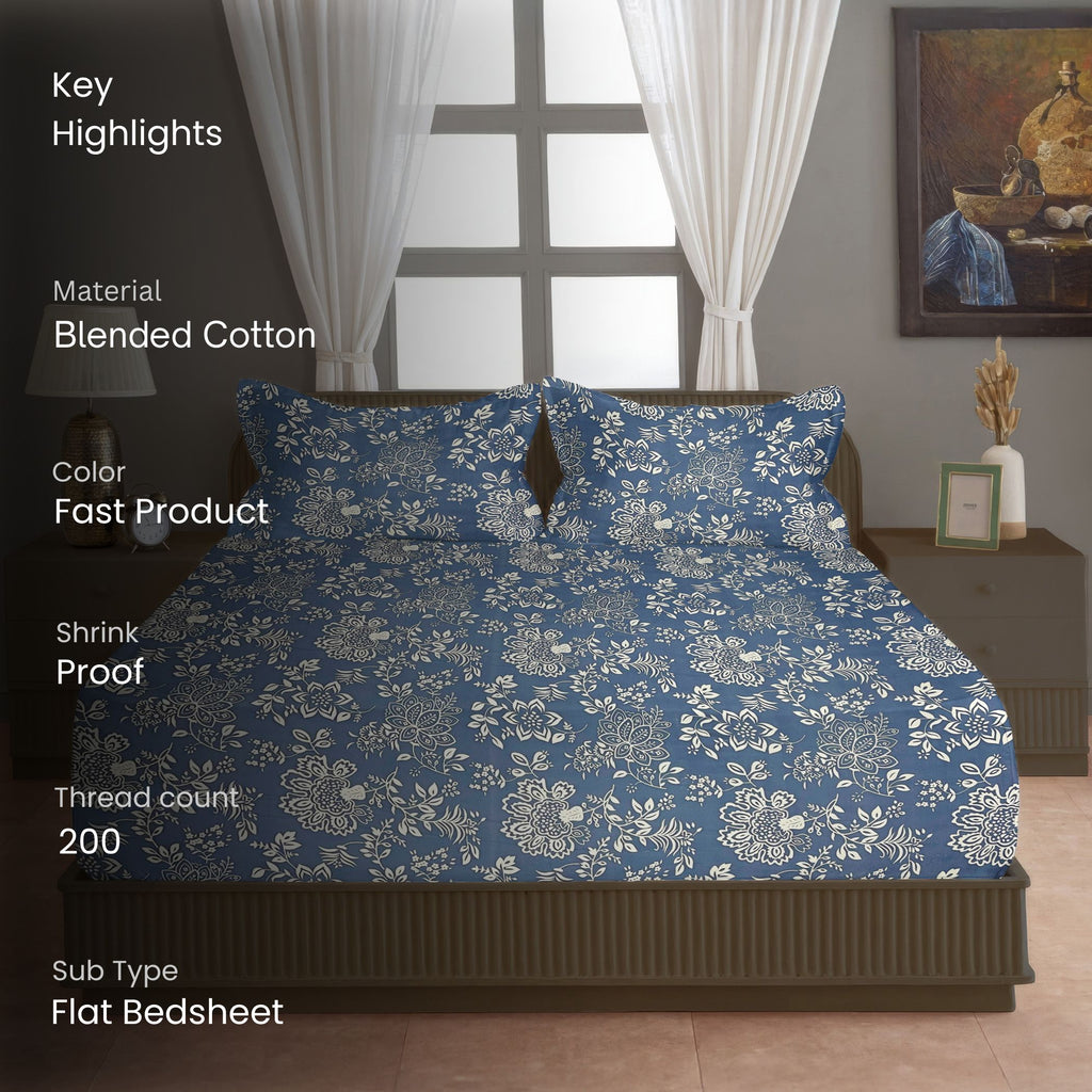 Indigo Bloom Blue 200 TC Blended Cotton Bedsheet Set with Pillow Cover
