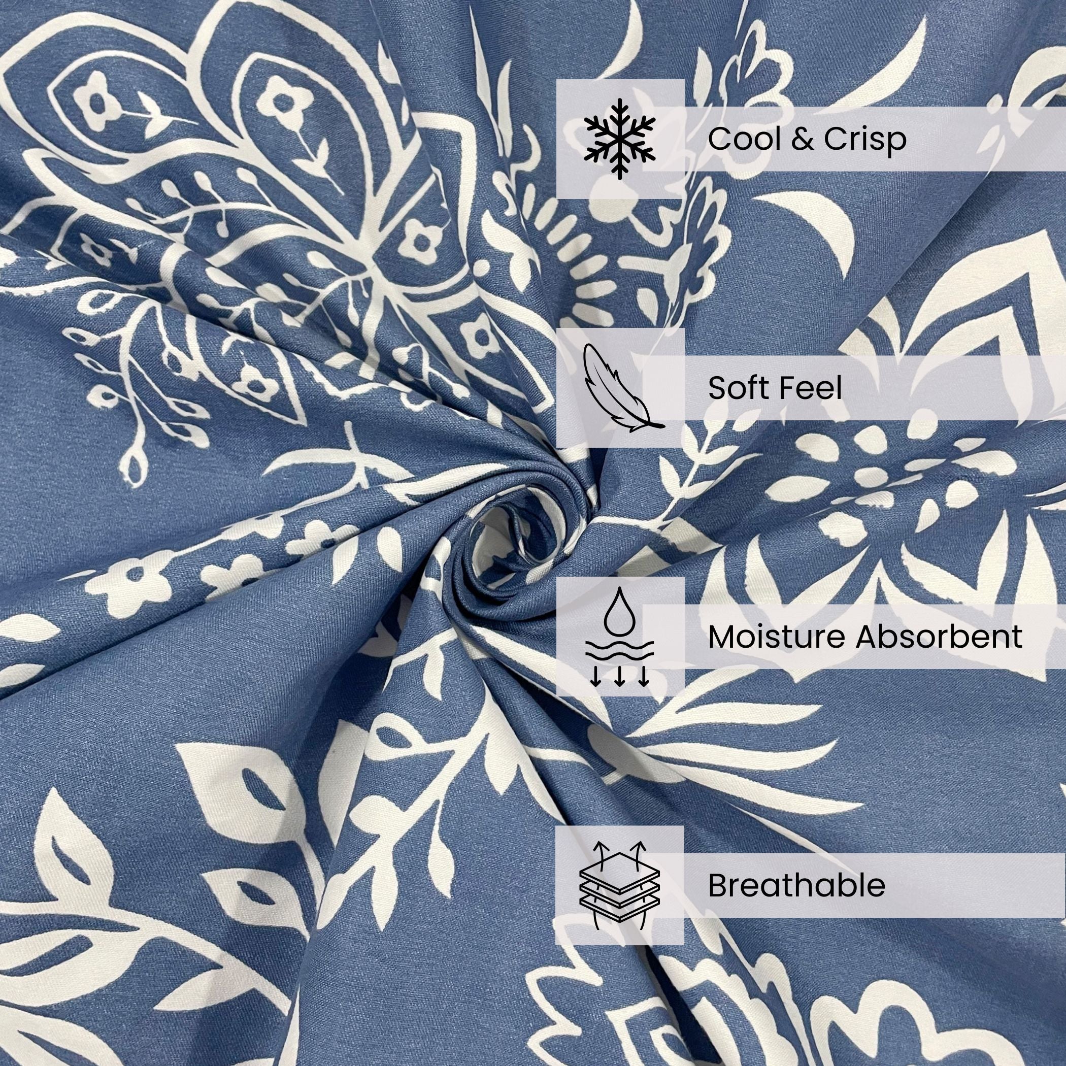 Indigo Bloom Blue 200 TC Blended Cotton Bedsheet Set with Pillow Cover