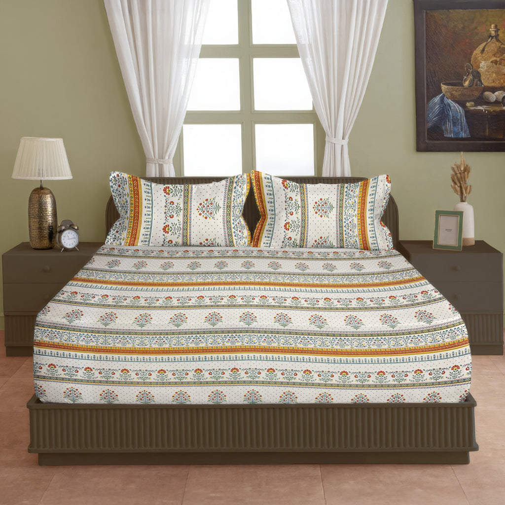 Heritage Blossom Ivory 200 TC Blended Cotton Bedsheet Set with Pillow Cover