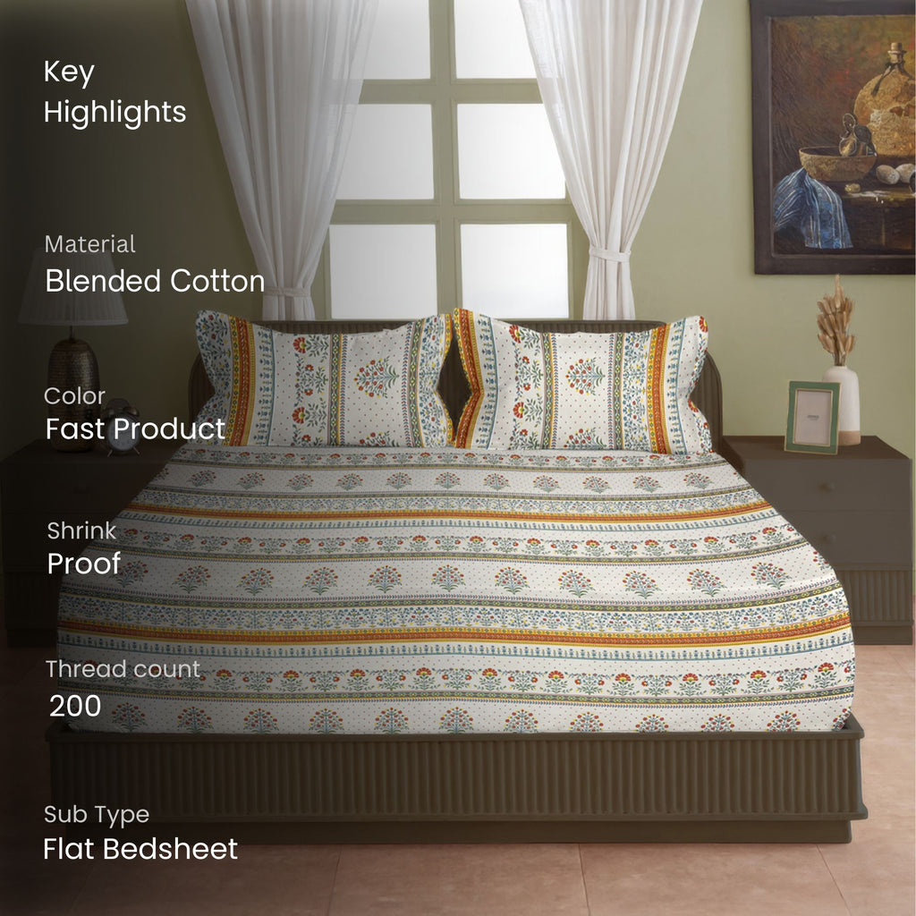 Heritage Blossom Ivory 200 TC Blended Cotton Bedsheet Set with Pillow Cover