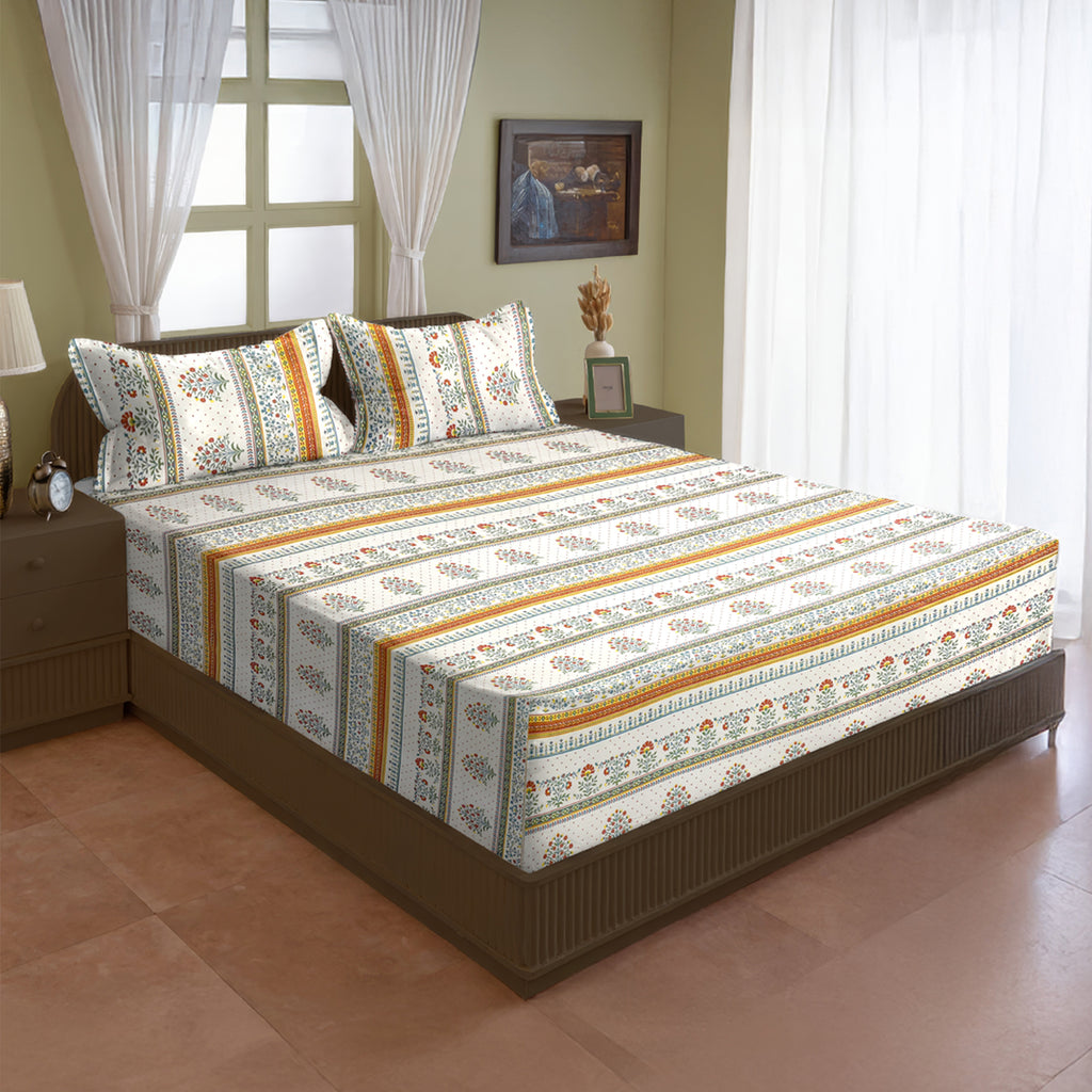 Heritage Blossom Ivory 200 TC Blended Cotton Bedsheet Set with Pillow Cover