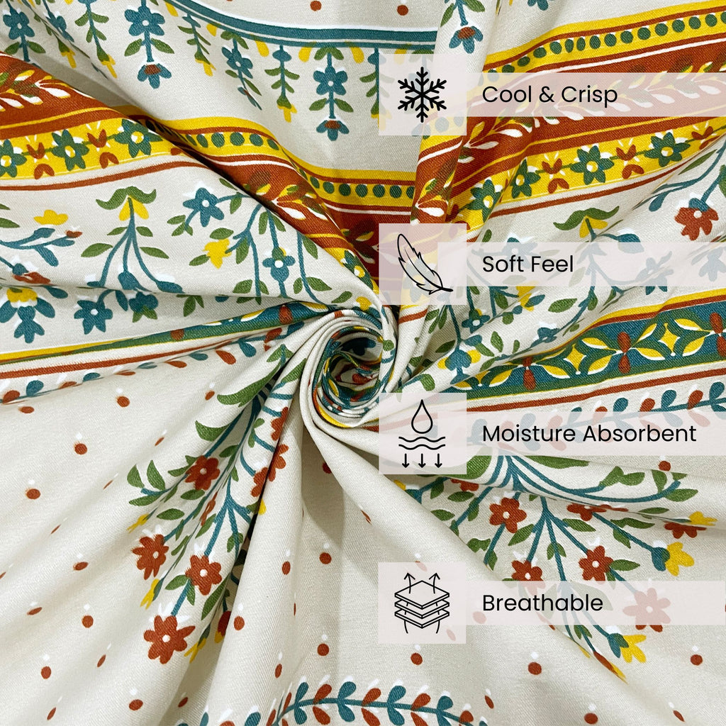 Heritage Blossom Ivory 200 TC Blended Cotton Bedsheet Set with Pillow Cover