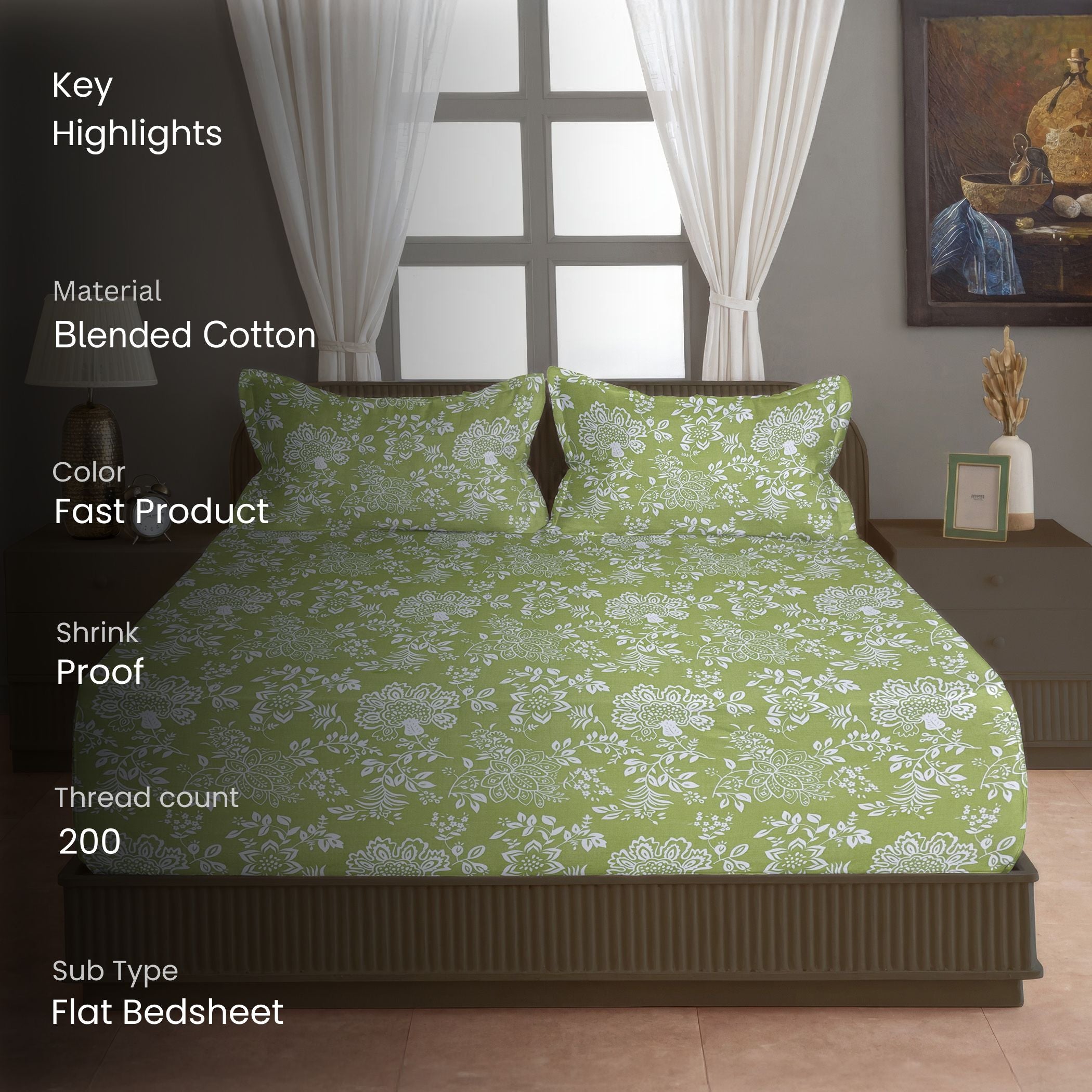 Olive Heritage 200 TC Blended Cotton Bedsheet Set with Pillow Cover