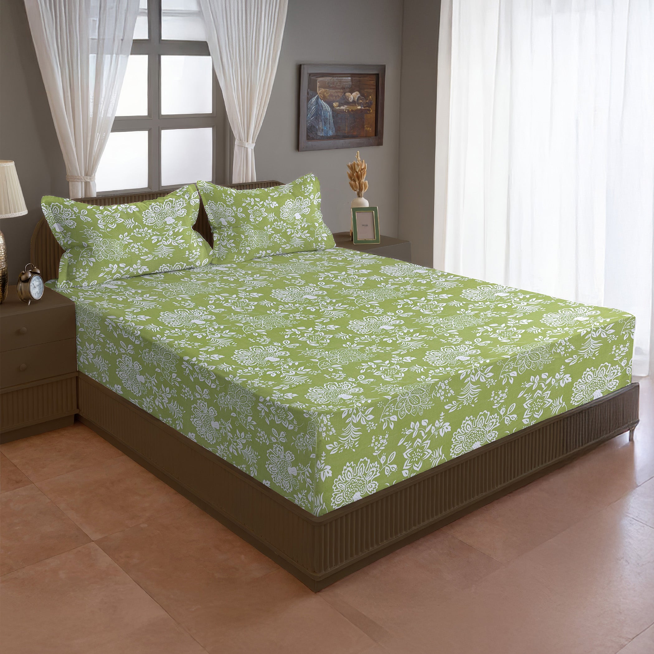 Olive Heritage 200 TC Blended Cotton Bedsheet Set with Pillow Cover