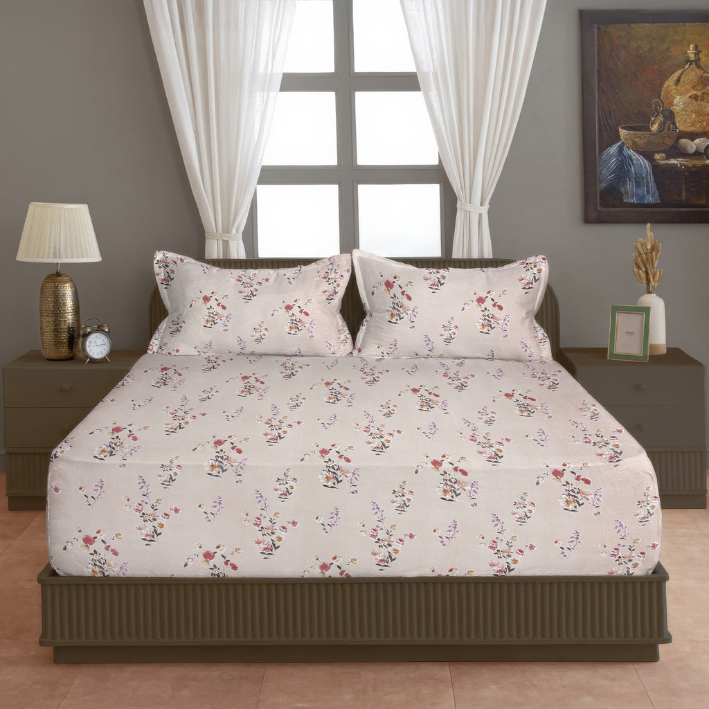 Blush Sprig Beige 200 TC Blended Cotton Bedsheet Set with Pillow Cover