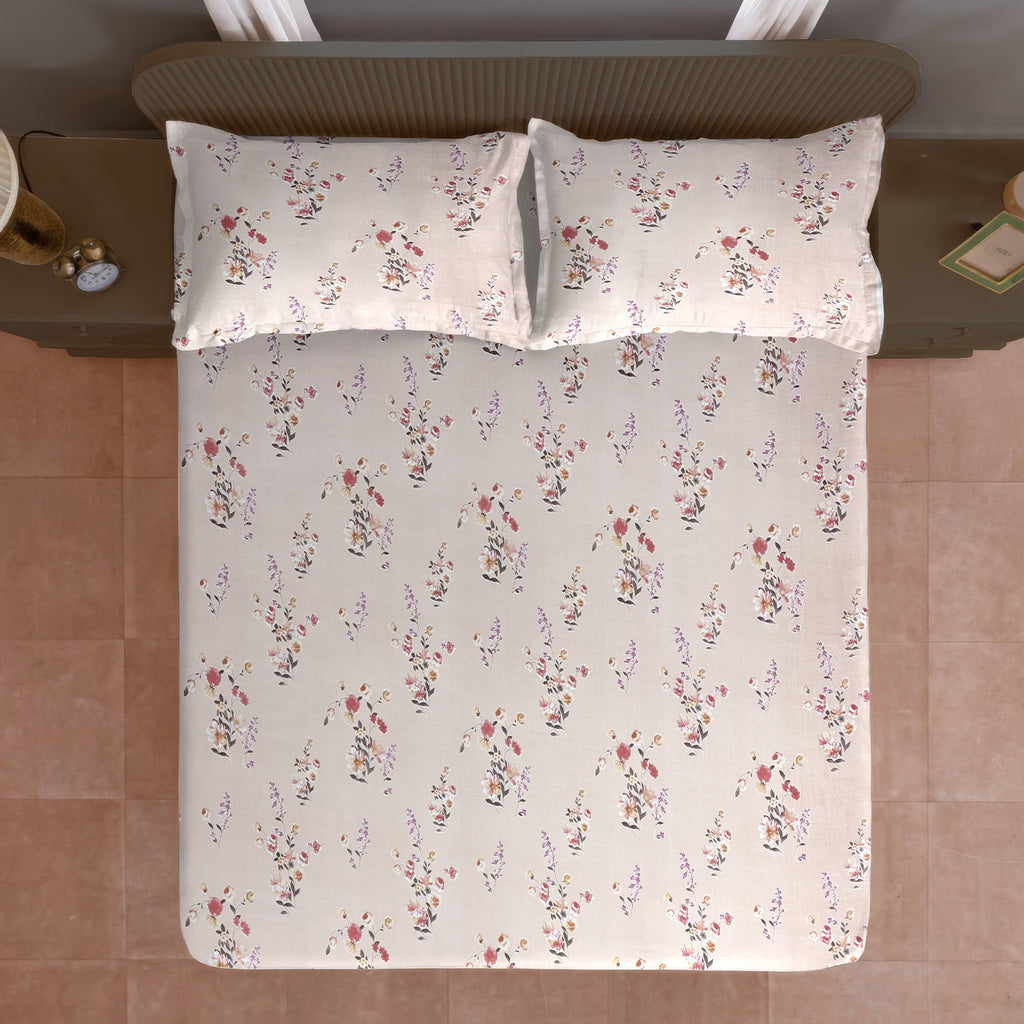 Blush Sprig Beige 200 TC Blended Cotton Bedsheet Set with Pillow Cover