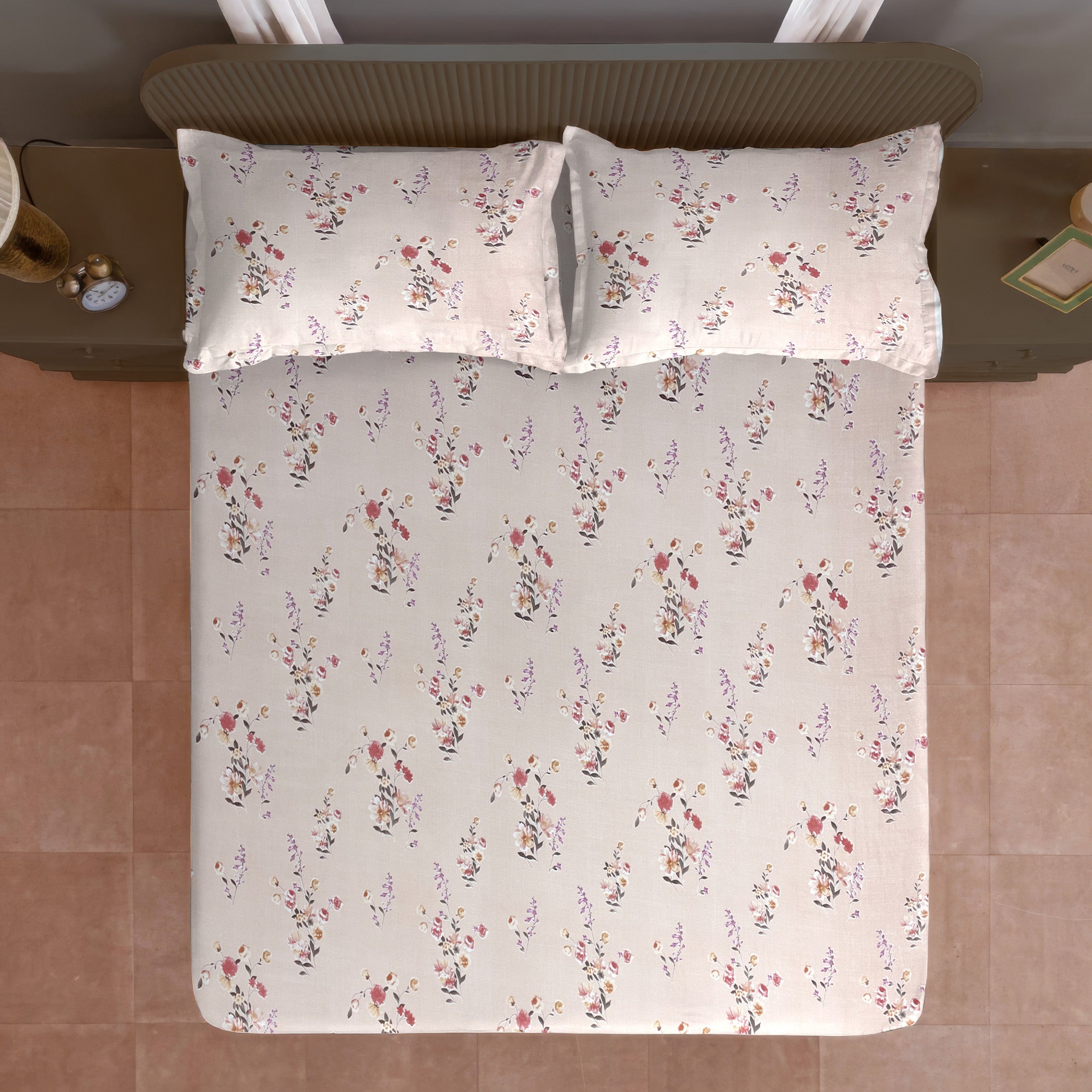 Blush Sprig Beige 200 TC Blended Cotton Bedsheet Set with Pillow Cover