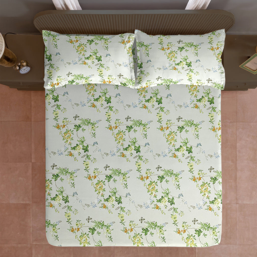 Garden Vine Ivory 200 TC Blended Cotton Bedsheet Set with Pillow Cover