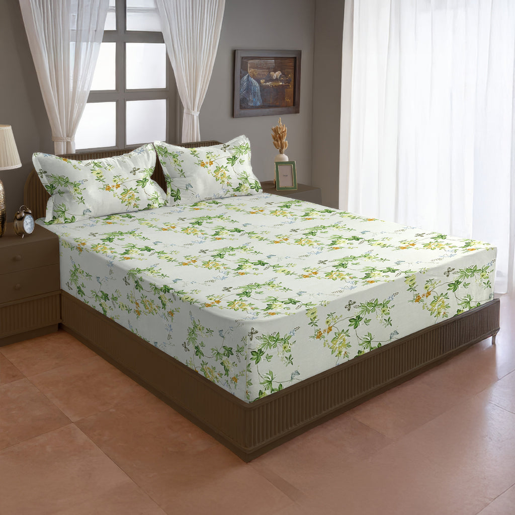 Garden Vine Ivory 200 TC Blended Cotton Bedsheet Set with Pillow Cover