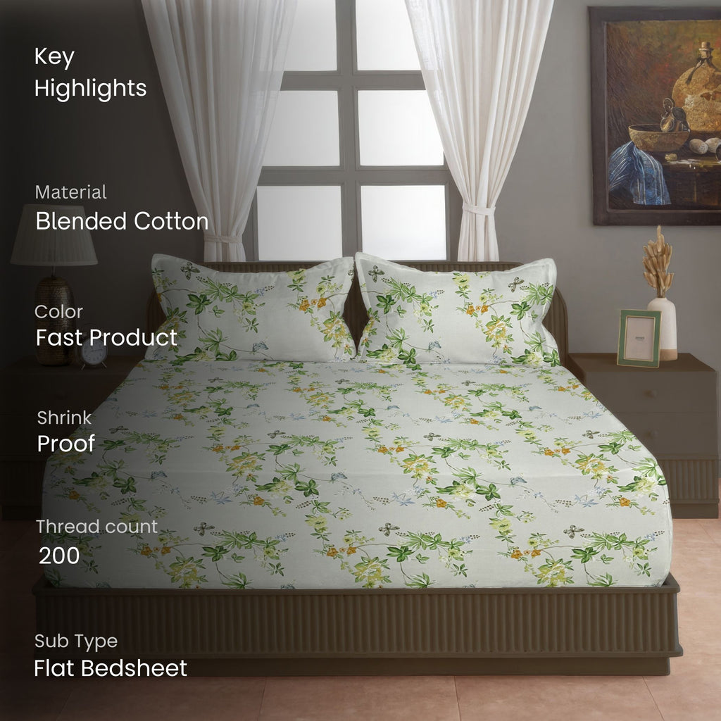 Garden Vine Ivory 200 TC Blended Cotton Bedsheet Set with Pillow Cover
