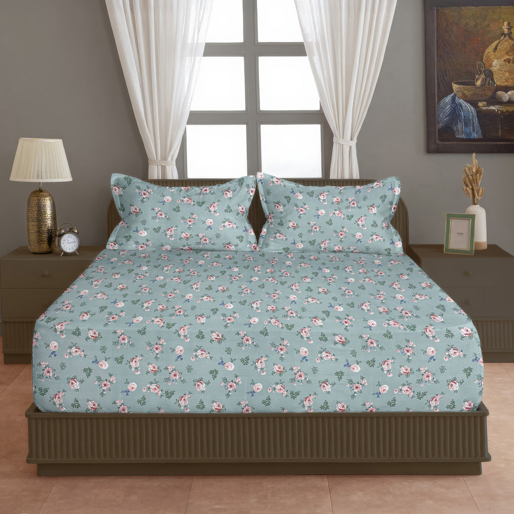 Rose Meadow Sage Green 200 TC Blended Cotton Bedsheet Set with Pillow Cover