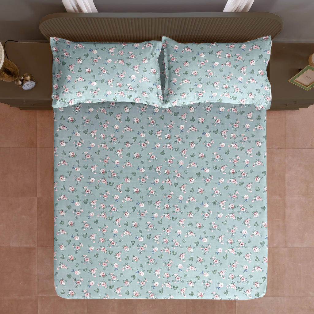 Rose Meadow Sage Green 200 TC Blended Cotton Bedsheet Set with Pillow Cover